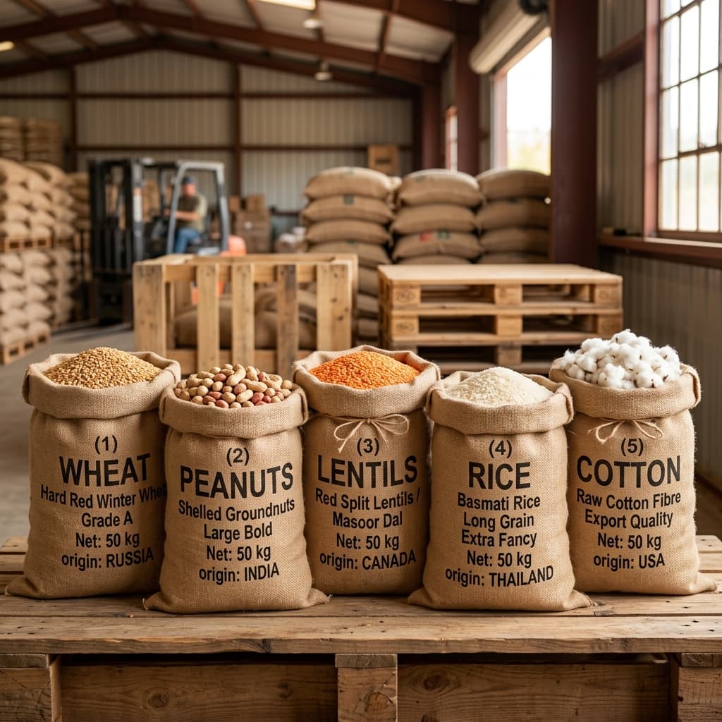 Bulk agricultural commodities for export — wheat, peanuts, pulses, rice from India