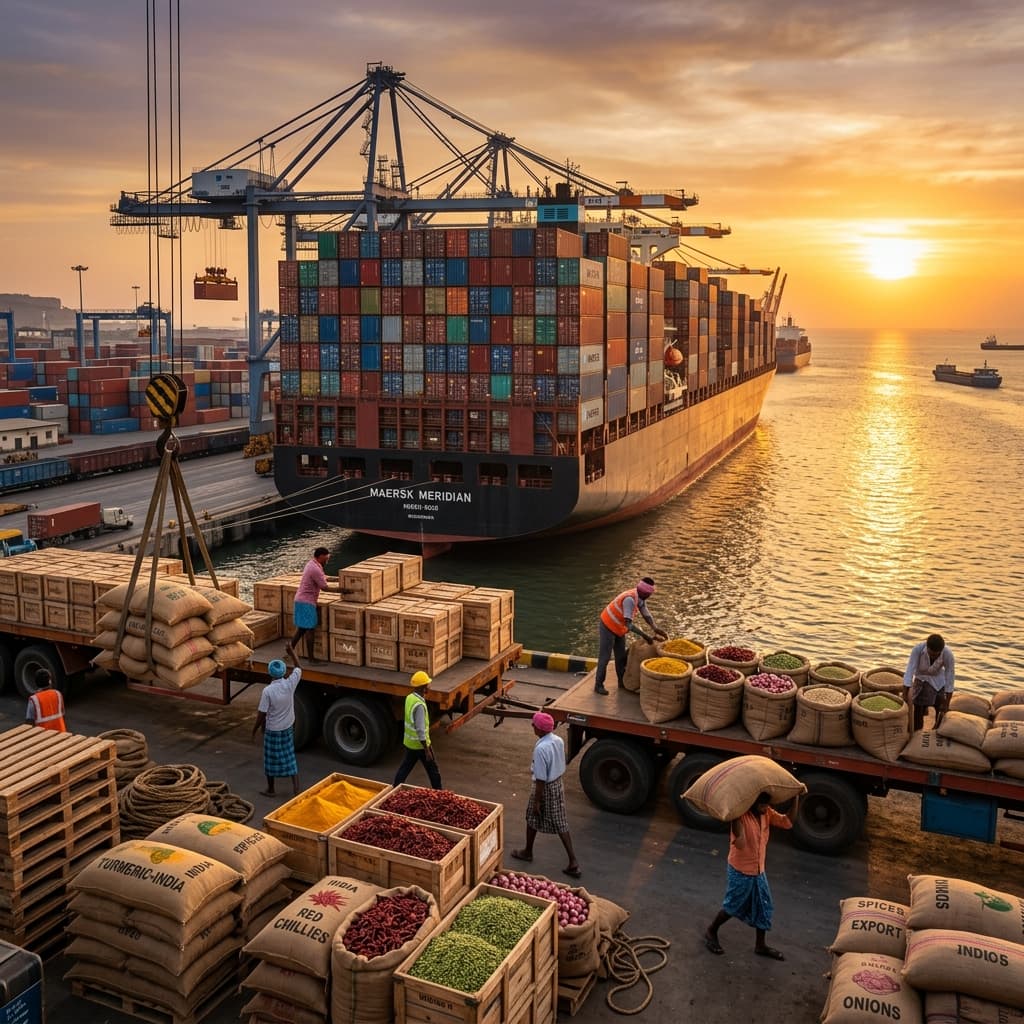 Container ship at international port — global export logistics