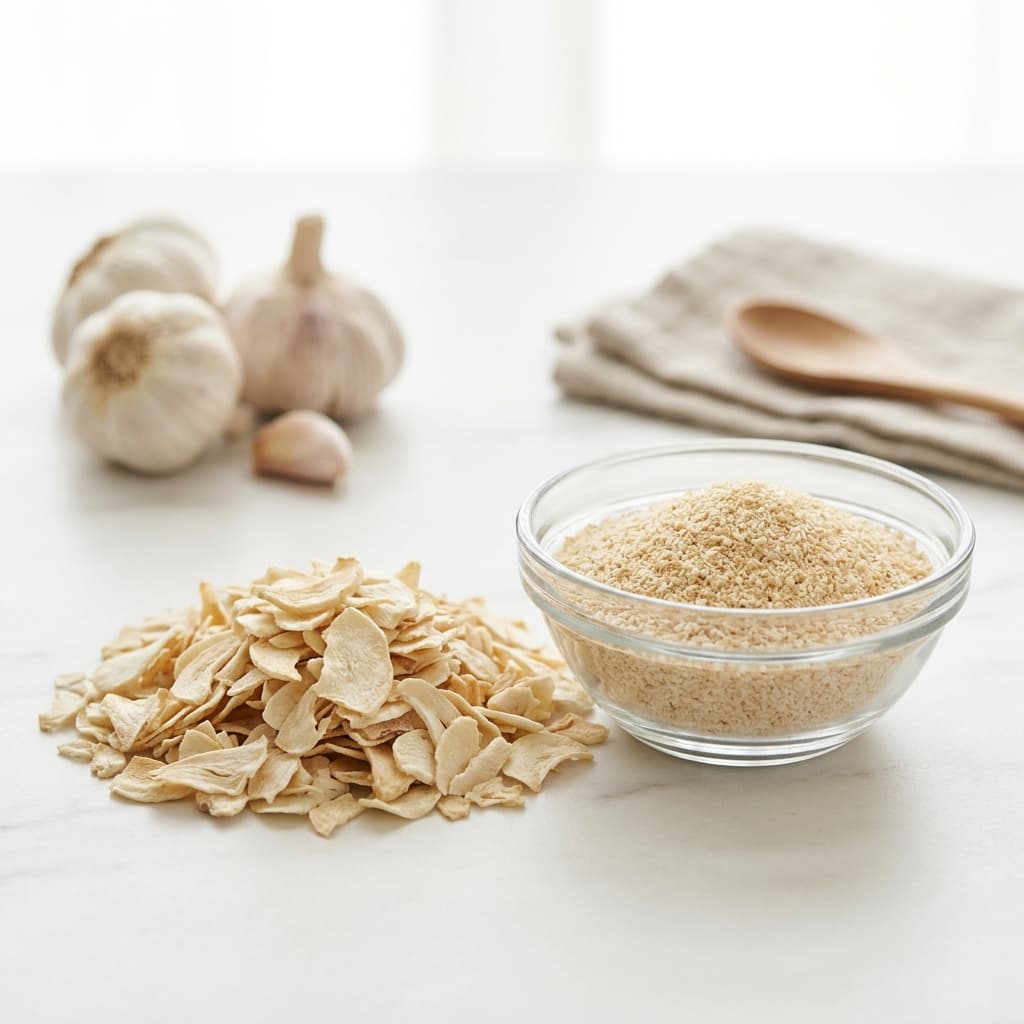 Export-grade dehydrated garlic flakes, granules and powder for bulk export from India