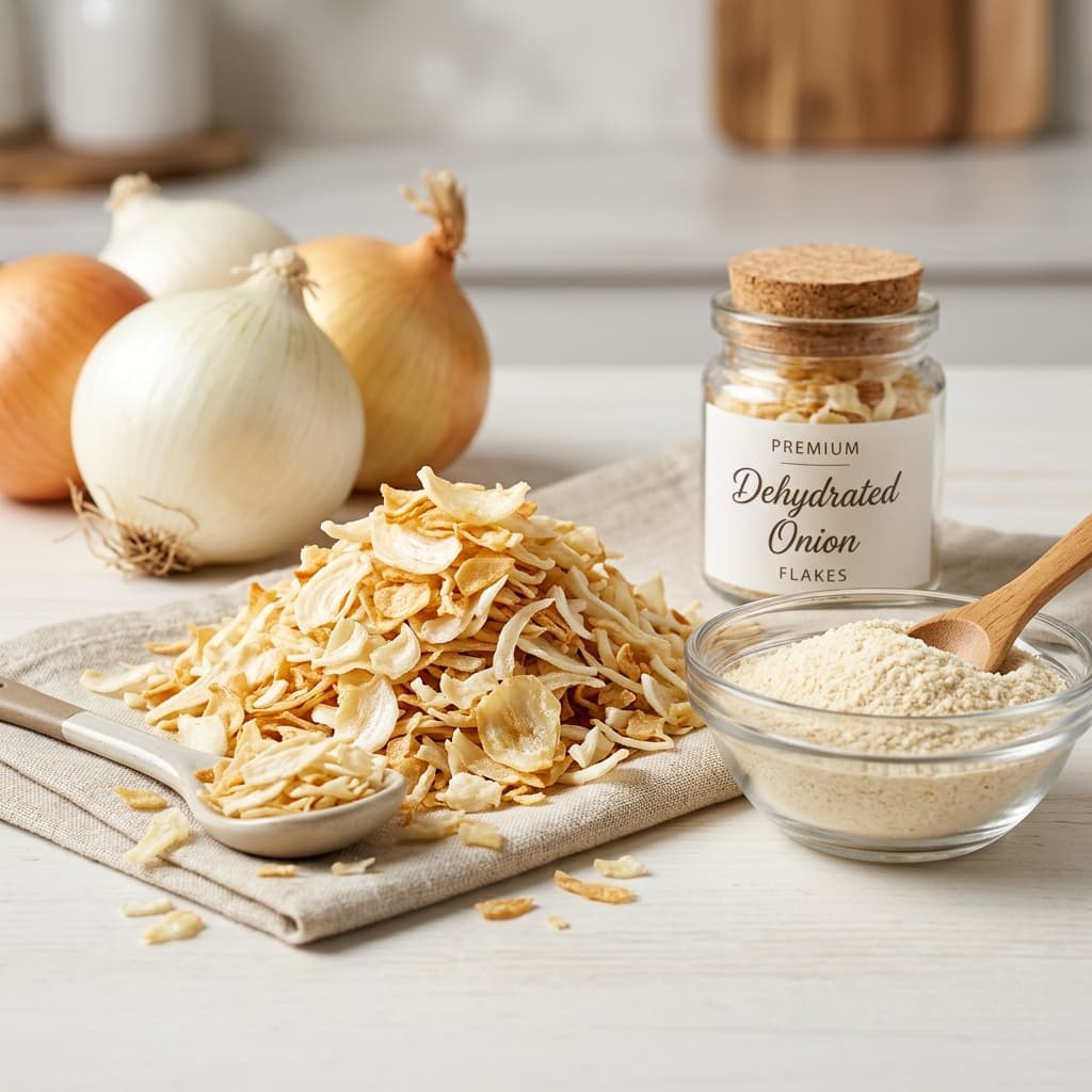 Premium dehydrated onion flakes, minced, chopped, granules and powder for export from India
