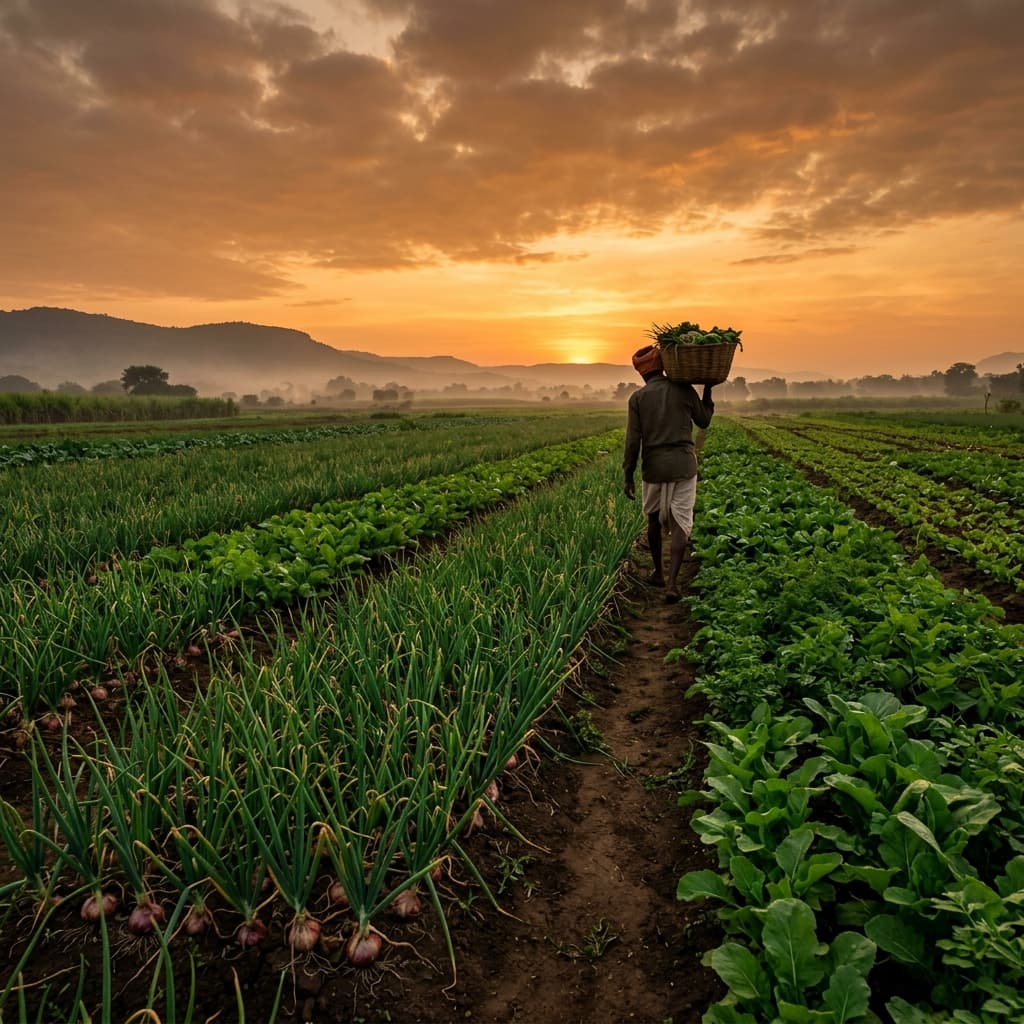 Rows of onion and spice crops at golden hour dusk — Maharashtra farmland — Triyara Exports India