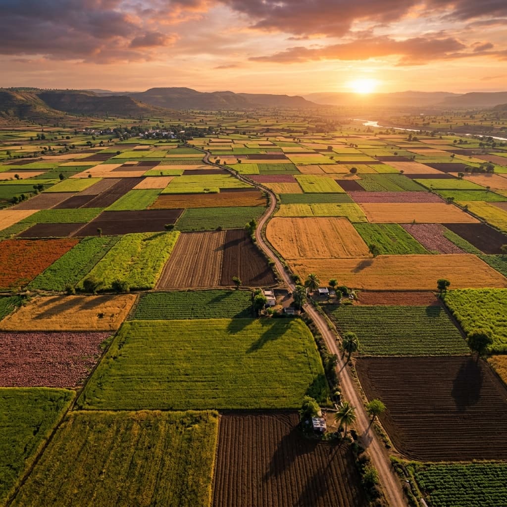 Aerial view of Indian agricultural patchwork farmland at sunset — Maharashtra Deccan plateau