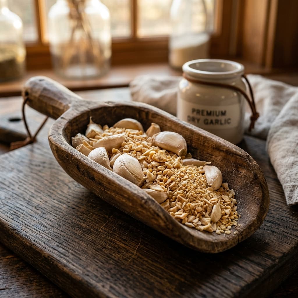 Export-grade dehydrated garlic flakes, granules and powder from India — Triyara Exports