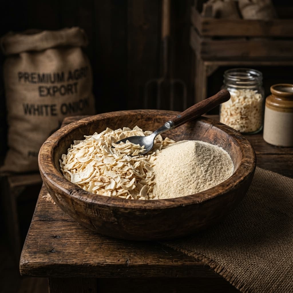 Export-grade dehydrated onion flakes, minced, granules and powder from India — Triyara Exports