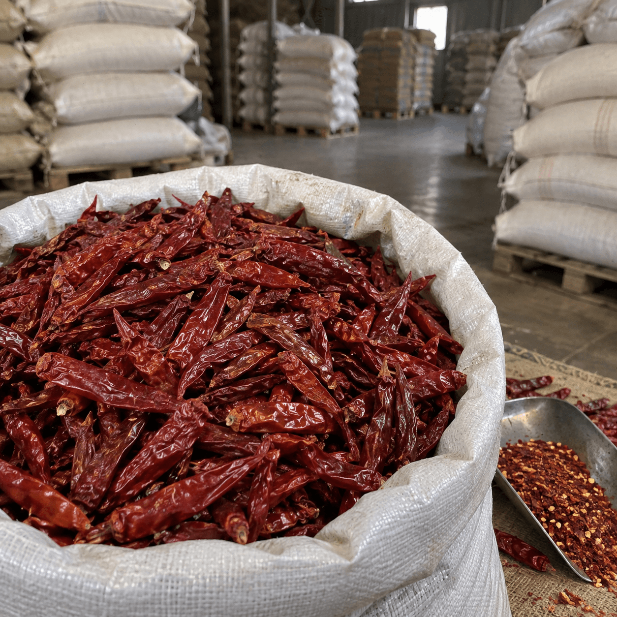 Whole dried red chillies in an open woven sack beside a scoop of crushed chilli, in a storage warehouse